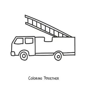 Coloring page of a simple fire truck with the ladder raised