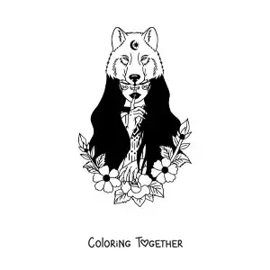 Coloring page of a beautiful Native American tribe girl with a bear skin