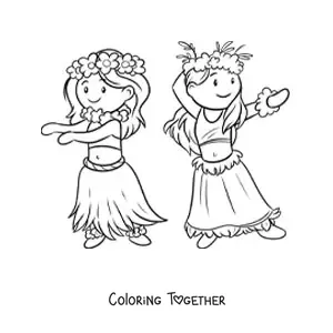 Coloring page of Hawaiian girls dancing the hula