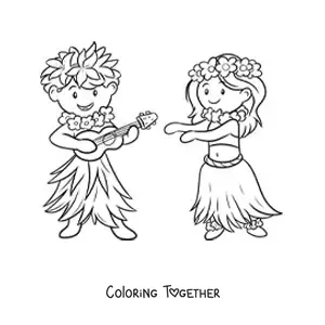 Coloring page of a Hawaiian boy with a guitar and a hula dancer