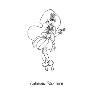 Coloring page of a cartoon hula dancer