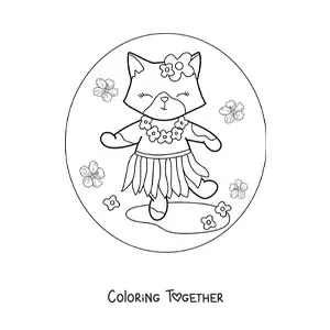 Coloring page of a cartoon cat dancing the hula