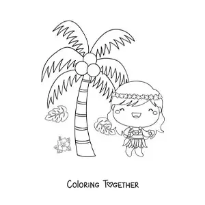 Coloring page of a cute kawaii cartoon hula dancer next to a palm tree