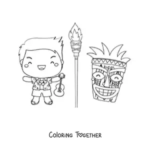 Coloring page of a cute kawaii cartoon boy with a guitar and a tiki mask