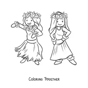 Coloring page of hula dancer girls