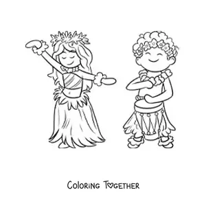 Coloring page of a Hawaiian boy with a drum and a hula dancer