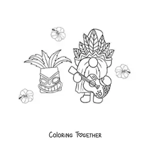 Coloring page of a cartoon gnome playing guitar with a tiki mask