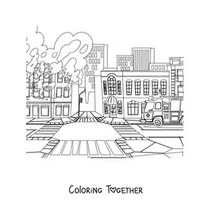Coloring page of a fire truck next to a building in flames