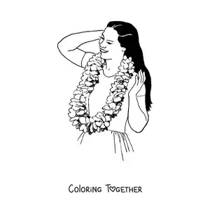 Coloring page of a girl at a Hawaiian party with a flower necklace