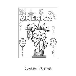 Coloring page of a cute kawaii cartoon Statue of Liberty