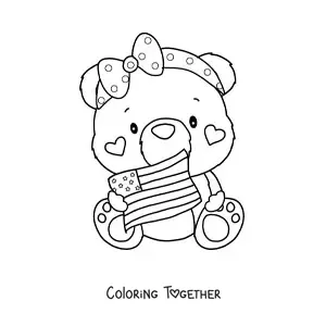 Coloring page of a cute kawaii cartoon bear with the flag of the United States
