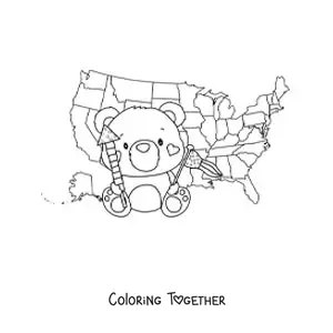 Coloring page of a cute kawaii cartoon bear with the flag and map of the United States