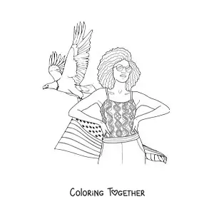 Coloring page of an American girl with the flag and an eagle