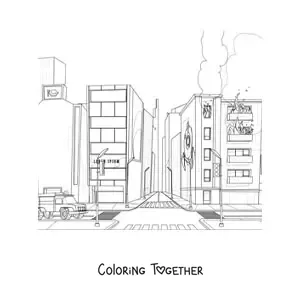 Coloring page of a fire truck at a fire