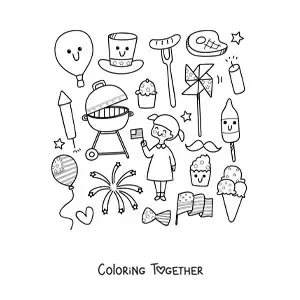 Coloring page of a girl with cute kawaii cartoon symbols of American culture