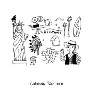 Coloring page of the Statue of Liberty and symbols of American culture