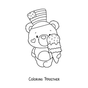 Coloring page of a cute kawaii cartoon bear with an ice cream and a United States hat