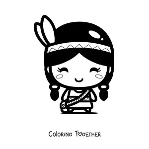 Coloring page of a cute kawaii Native American girl