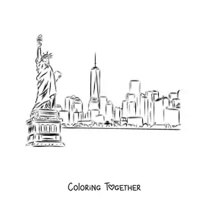 Coloring page of a New York landscape with the Statue of Liberty