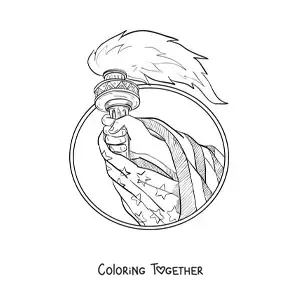 Coloring page of a hand holding the torch of liberty with the flag of the United States