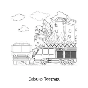 Coloring page of a fire truck at a large fire