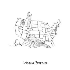 Coloring page of an eagle holding the American flag with the map of the United States