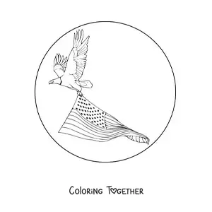 Coloring page of an eagle holding the United States flag