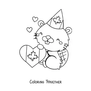 Coloring page of a cute kawaii cartoon Canadian beaver with the flag of Canada