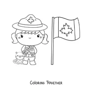 Coloring page of a kawaii Canadian police girl with the flag and a cartoon beaver