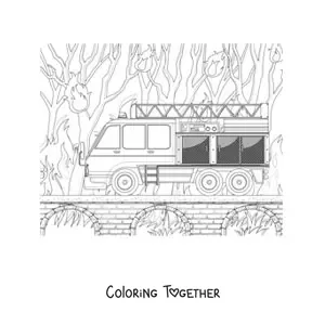 Coloring page of a fire truck at a forest fire