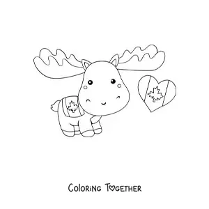 Coloring page of a cute kawaii cartoon Canadian moose with the flag of Canada
