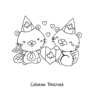 Coloring page of cartoon Canadian beavers with the flag and hearts