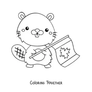 Coloring page of a cartoon beaver with the flag of Canada