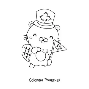 Coloring page of a cartoon beaver celebrating Canada Day