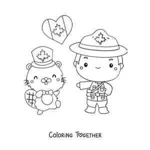 Coloring page of a cartoon Canadian police officer with the flag and a beaver