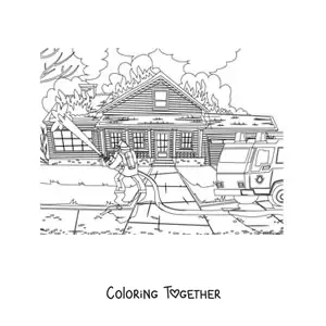 Coloring page of a firefighter putting out a fire
