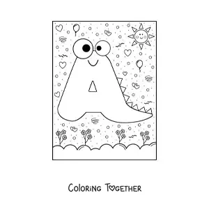 Coloring page of the cartoon letter A shaped like a monster