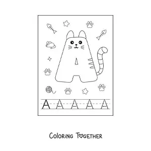 Coloring page of the cartoon letter A shaped like a cat