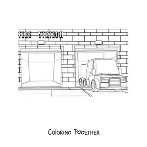 Coloring page of a fire truck at the station