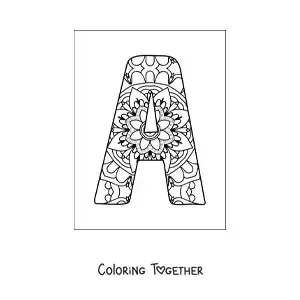 Coloring page of an uppercase letter A mandala