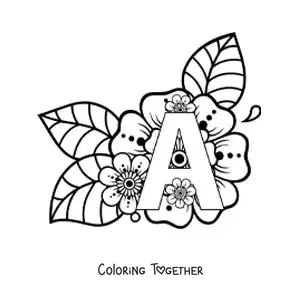 Coloring page of the letter A decorated with flowers