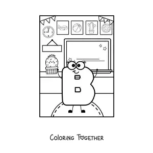 Coloring page of the cartoon letter B at school