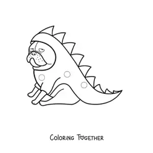 Coloring page of a pug dressed as a crocodile and sitting down