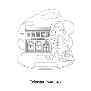Coloring page of a cartoon firefighter at the station