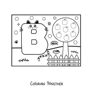 Coloring page of the cartoon letter B shaped like a cat in the park
