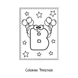 Coloring page of a cartoon uppercase letter B with balloons