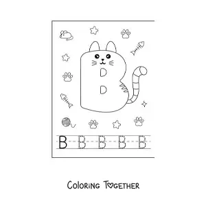Coloring page of the cartoon letter B shaped like a cat
