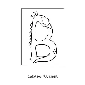 Coloring page of the cartoon letter B shaped like a dinosaur