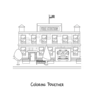 Coloring page of a fire truck parked at the station