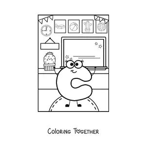 Coloring page of the cartoon letter C at school